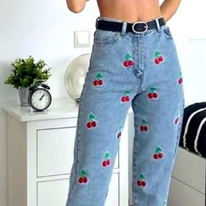 Cherry print blue jeans
